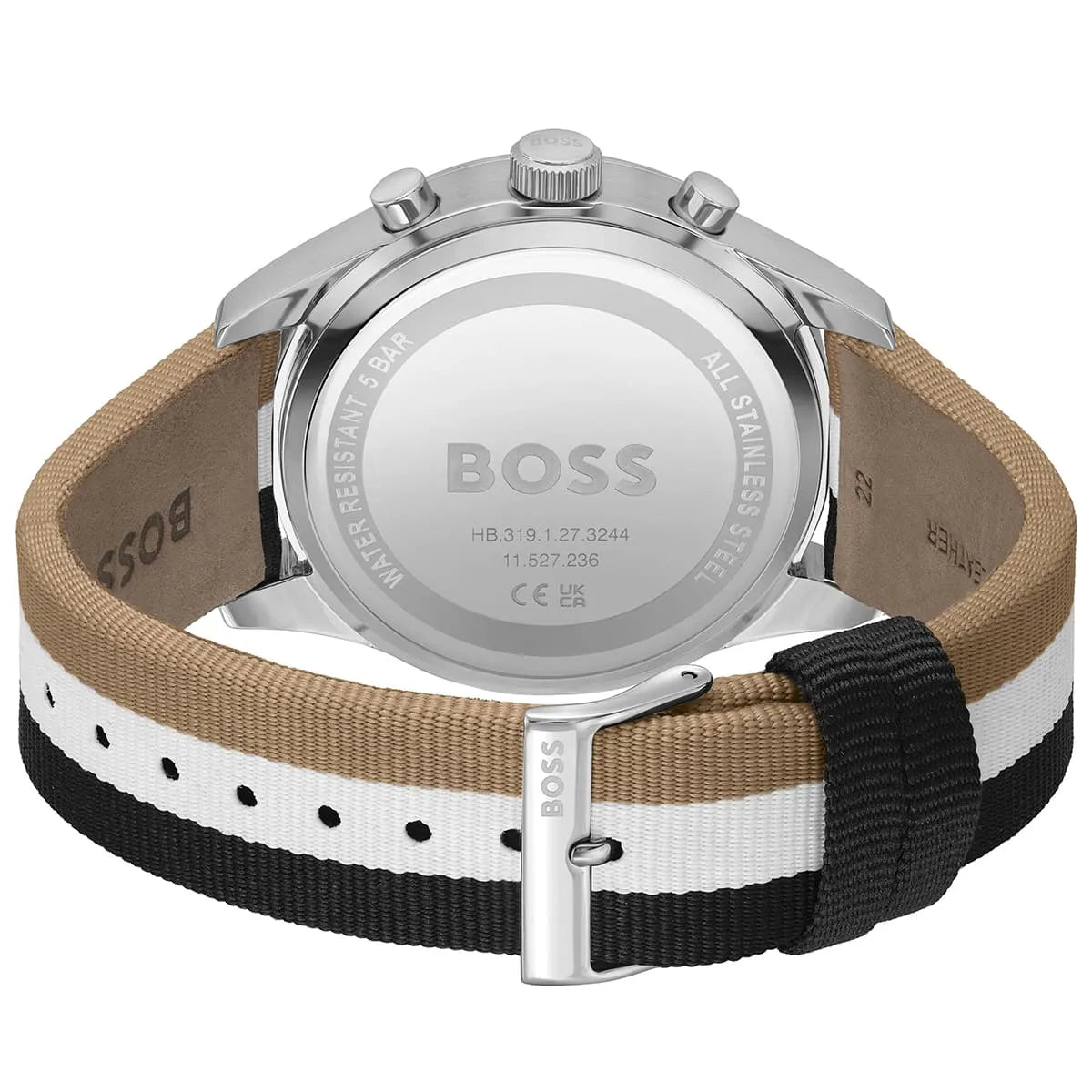 Case back of Hugo Boss View watch showing stainless steel caseback