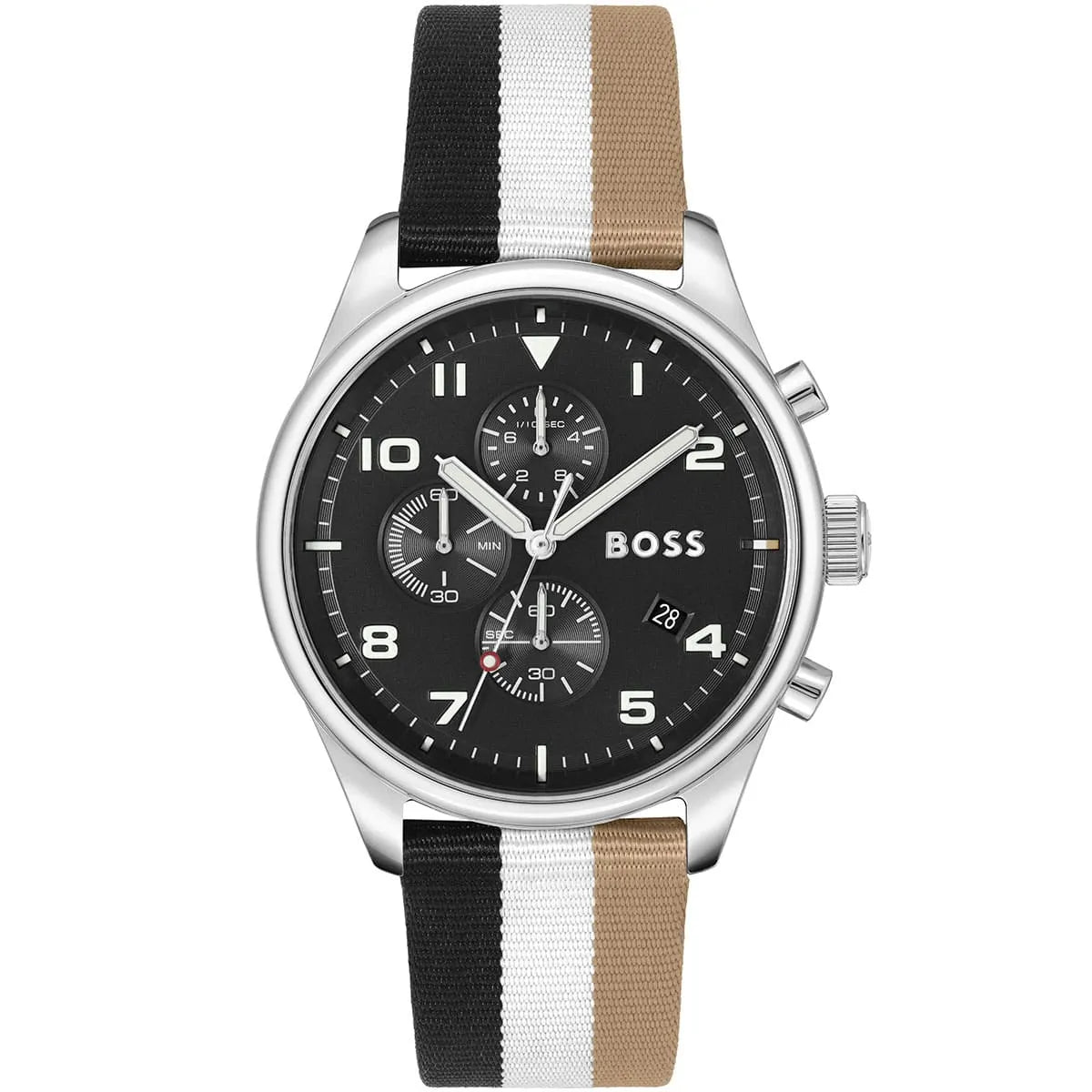 Hugo Boss View chronograph men's watch with black dial and striped textile strap