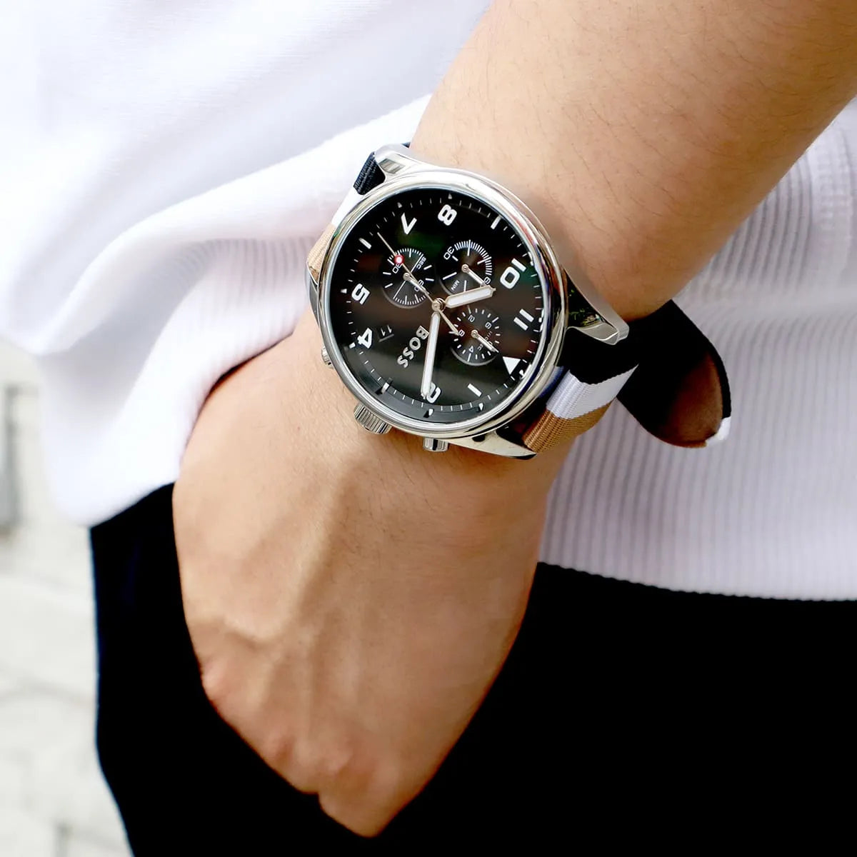Hugo Boss View men's chronograph watch on wrist showing black dial detail