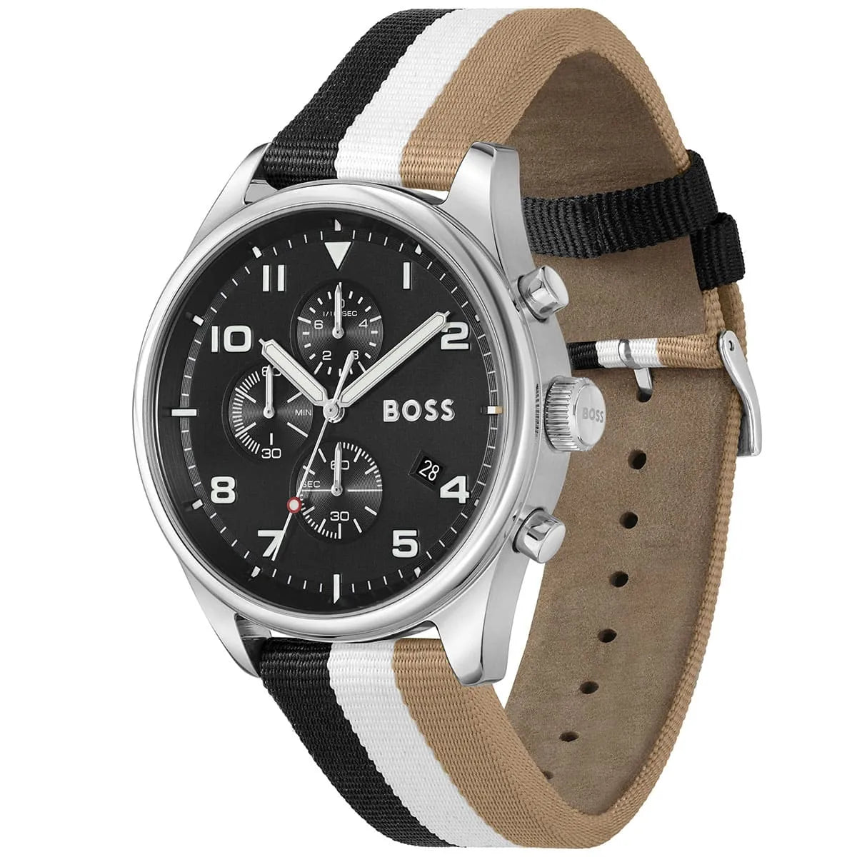 Side view of Hugo Boss View watch showing leather strap and case profile