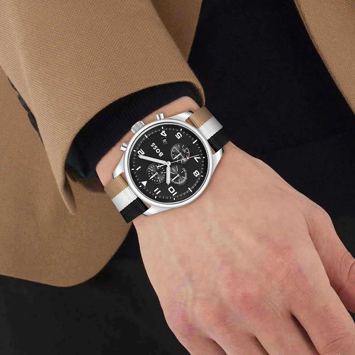 Hugo Boss View chronograph watch worn on wrist with striped textile strap