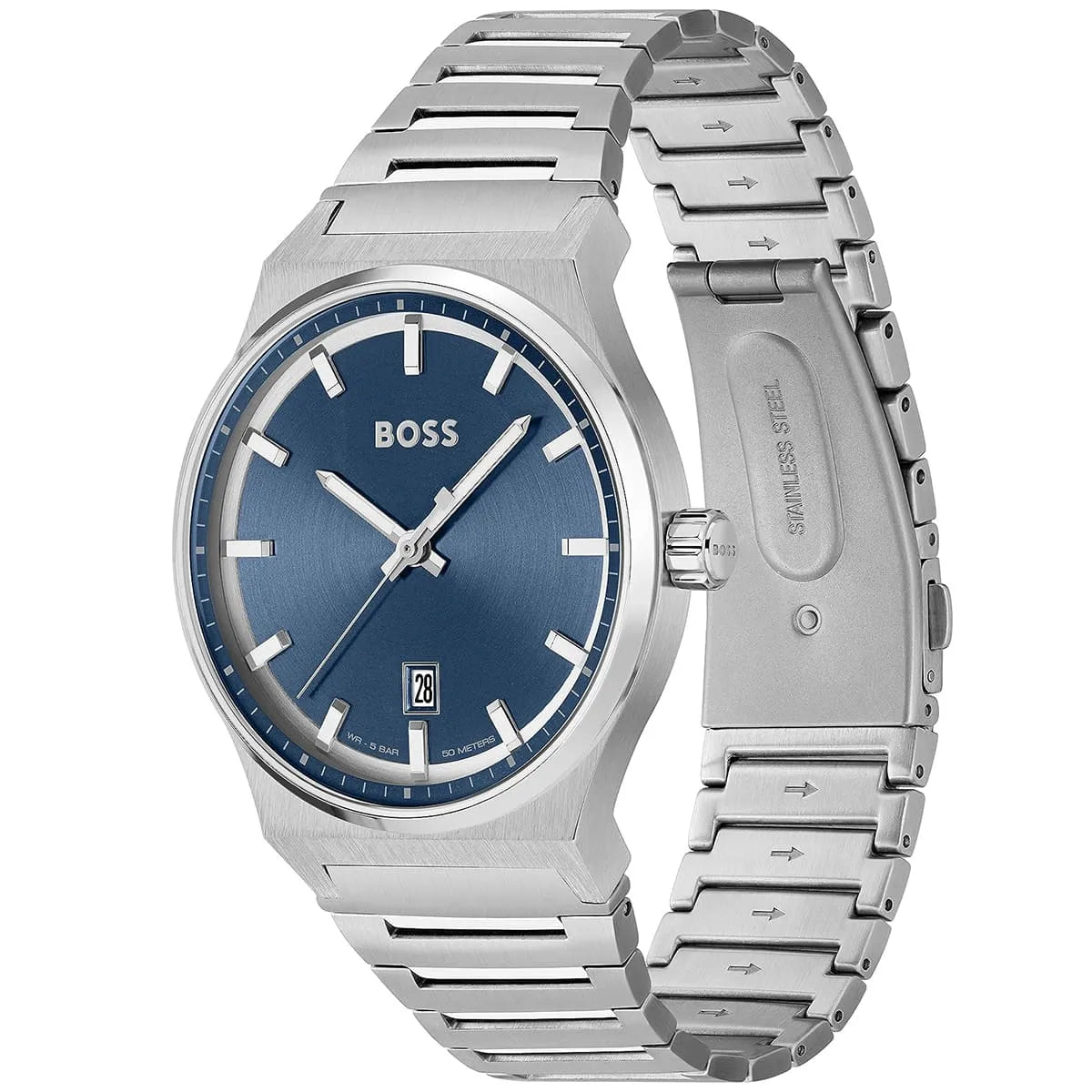 Hugo Boss Candor watch with blue dial shown at angle with strap detail