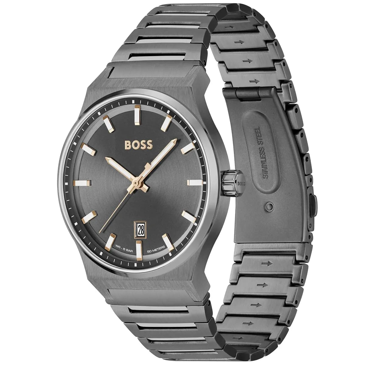 Side angle view of Hugo Boss Candor watch showing stainless steel link bracelet