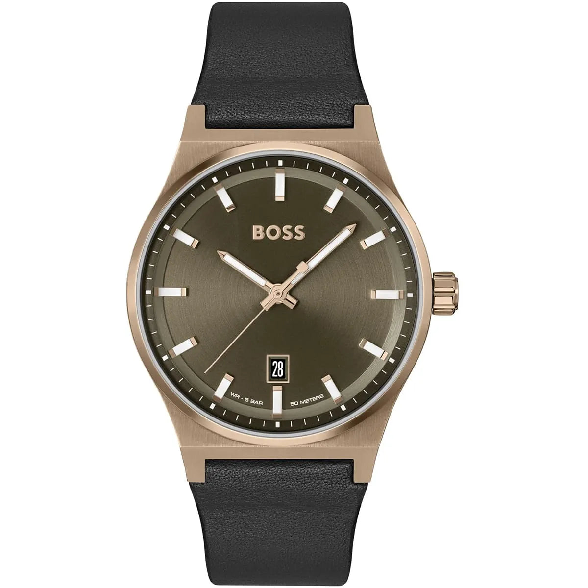Hugo Boss Candor quartz men's watch with olive green dial and black leather strap