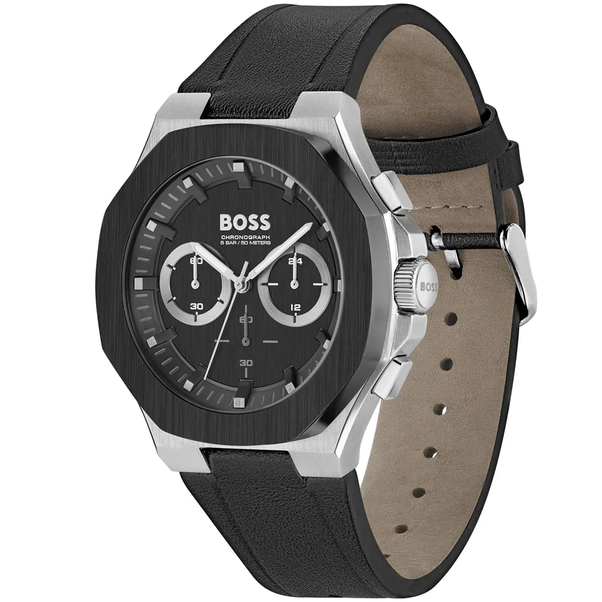 Hugo Boss Skymaster watch at angle showing silver case and black rubber strap