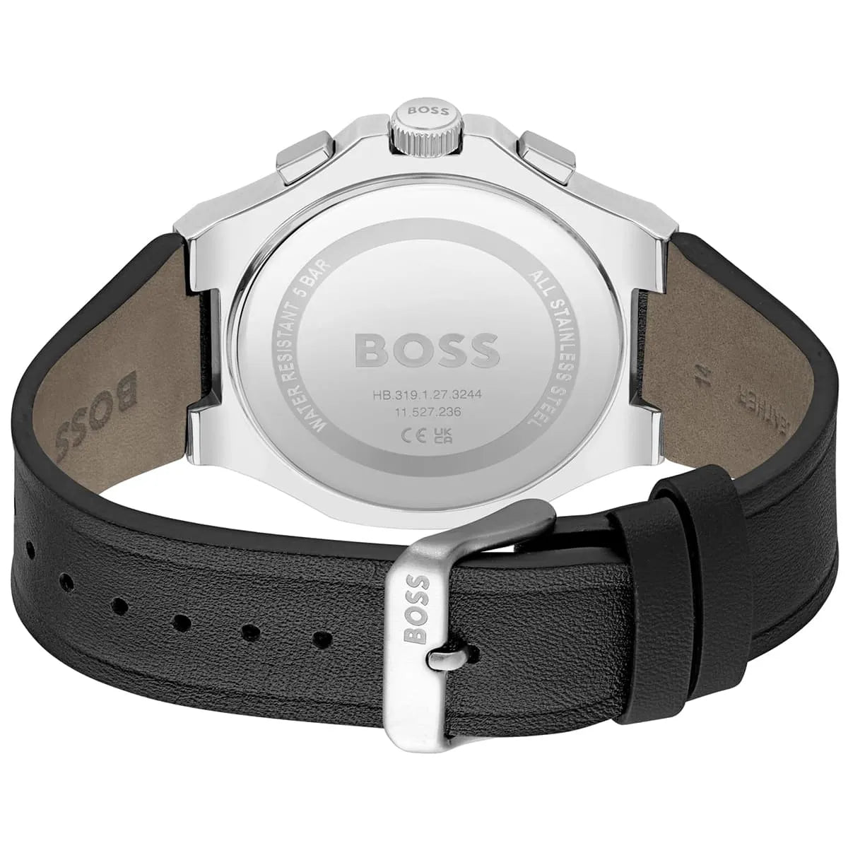 Hugo Boss Skymaster caseback showing movement and leather backing