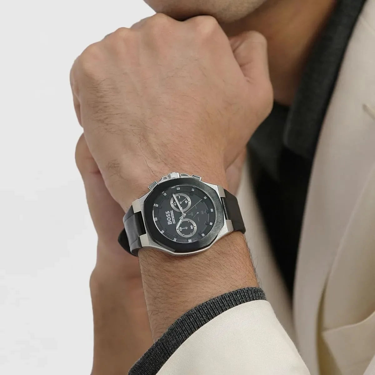 Hugo Boss Skymaster chronograph watch worn on wrist
