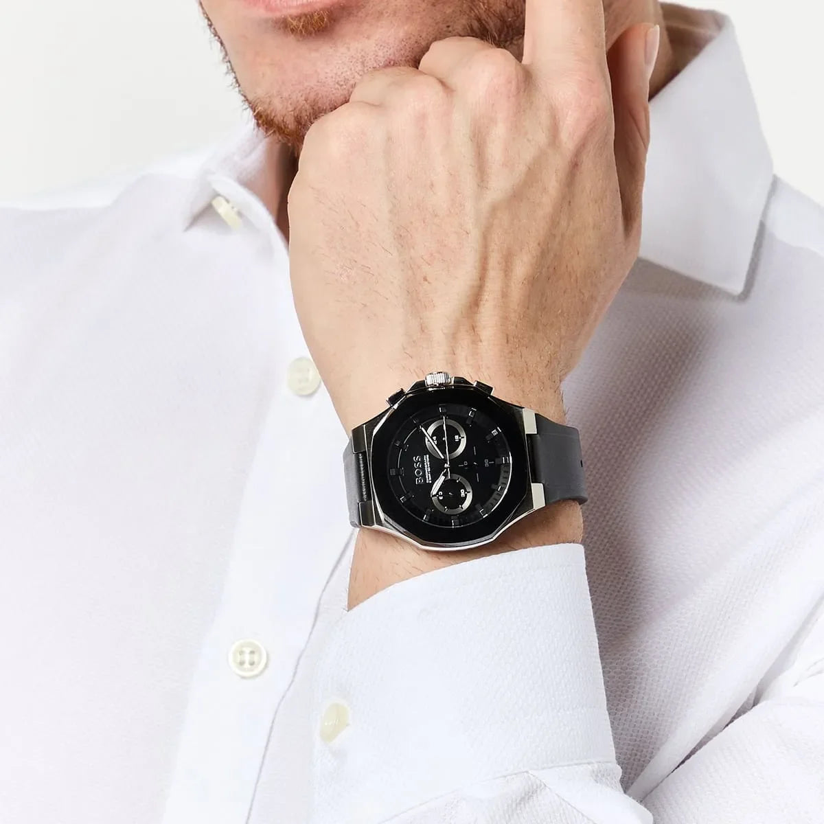 Hugo Boss Skymaster men's chronograph watch on wrist with white shirt