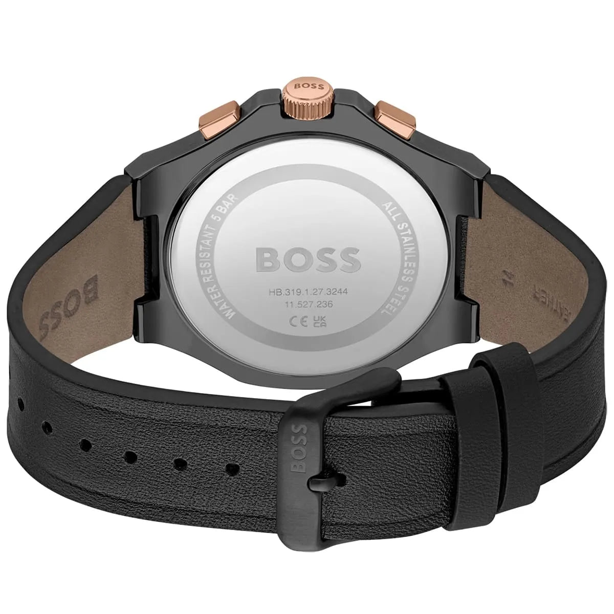 Hugo Boss Taper caseback showing stainless steel back with engraved branding and model details