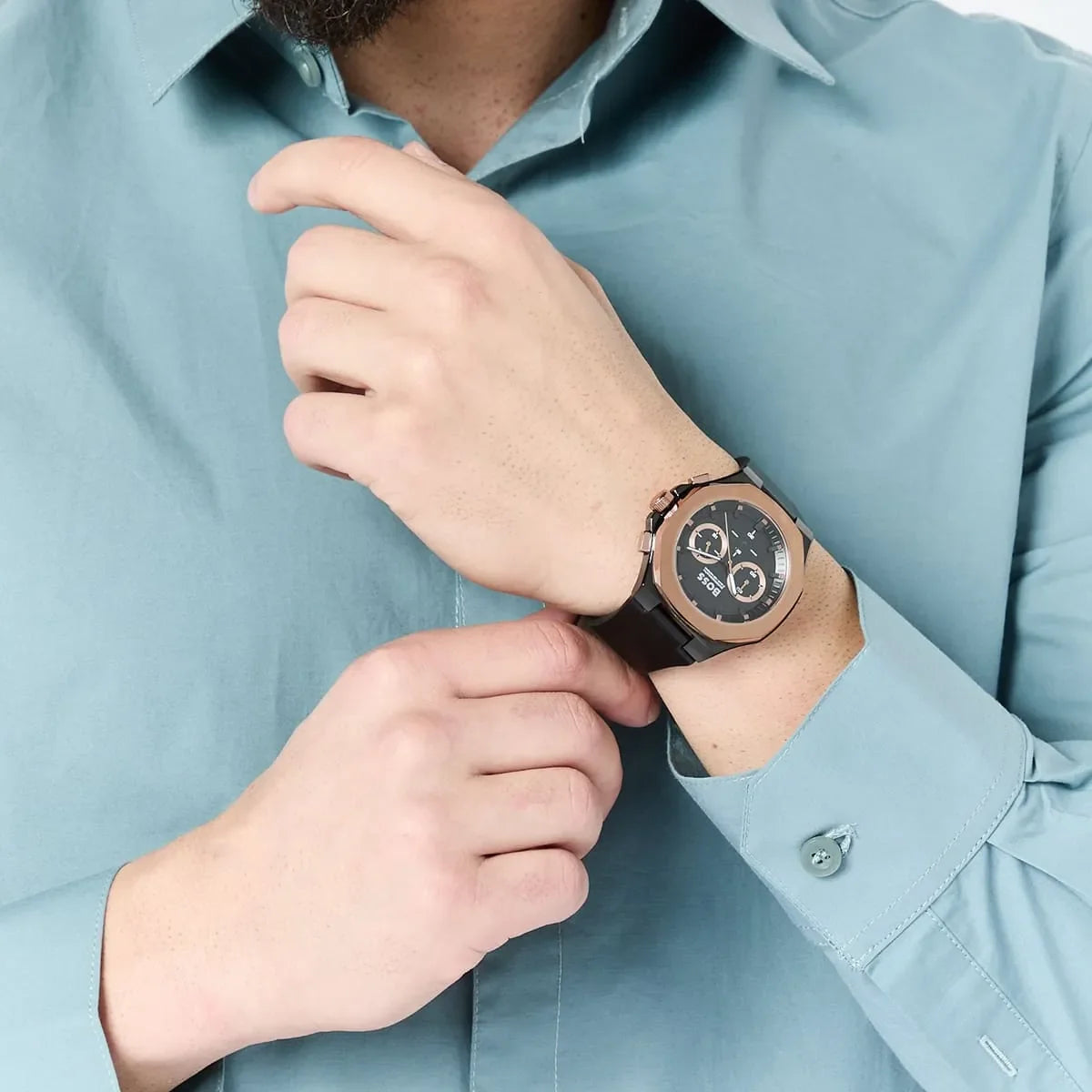 Hugo Boss Taper chronograph watch worn on wrist, displaying black dial and rose gold case