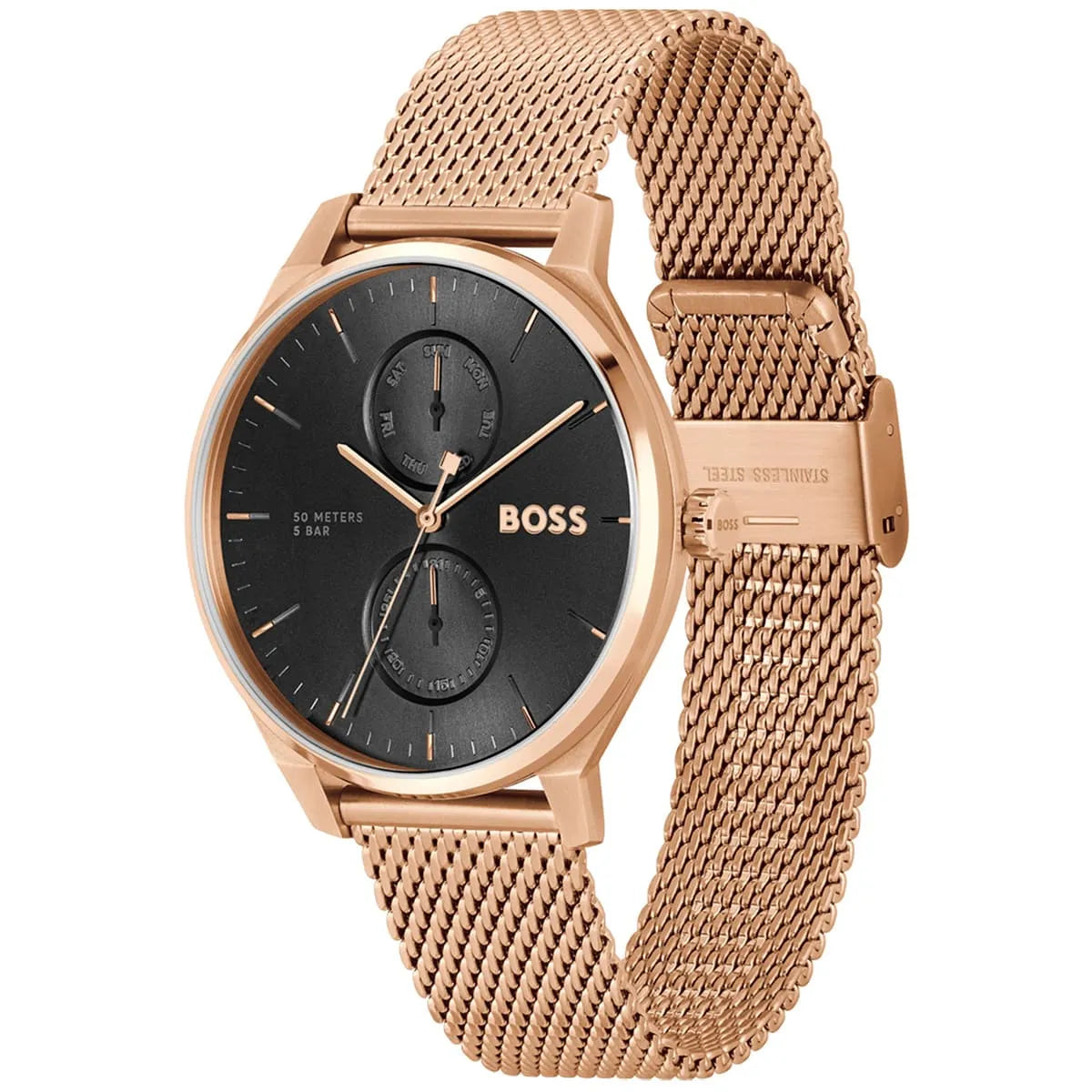 Hugo Boss Tyler rose gold mesh bracelet watch angled view with full band visible