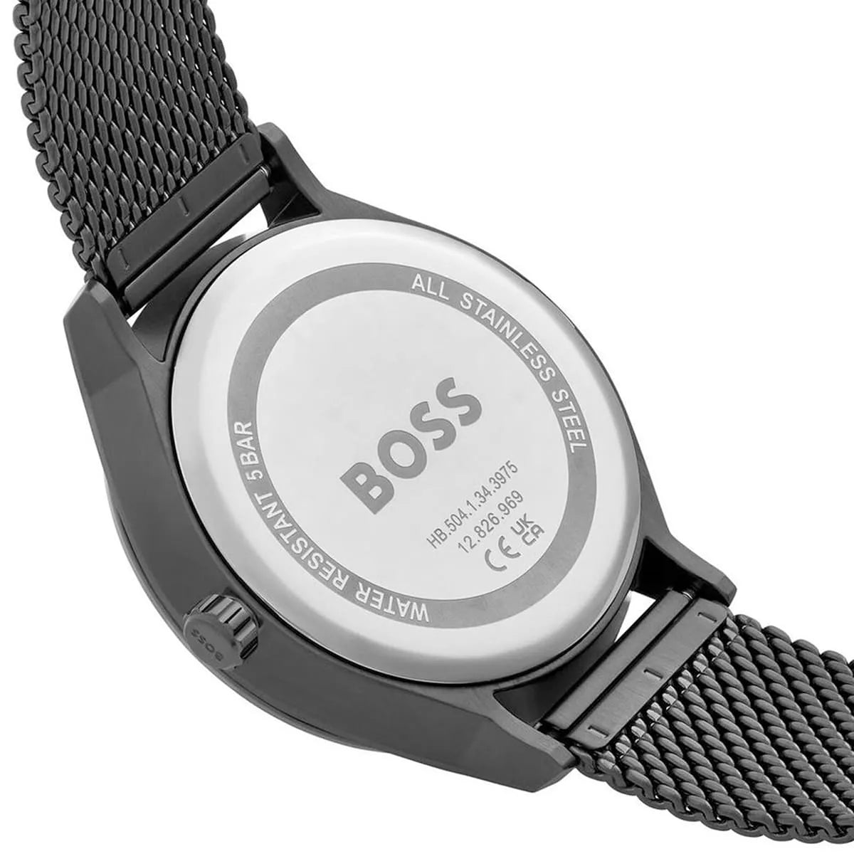 Hugo BOSS watch caseback detail showing mesh strap attachment and regulatory markings