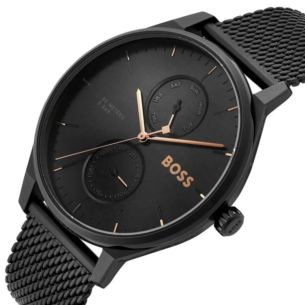Close-up of Hugo BOSS black dial with rose gold hands, dual chronograph subdials, and BOSS branding