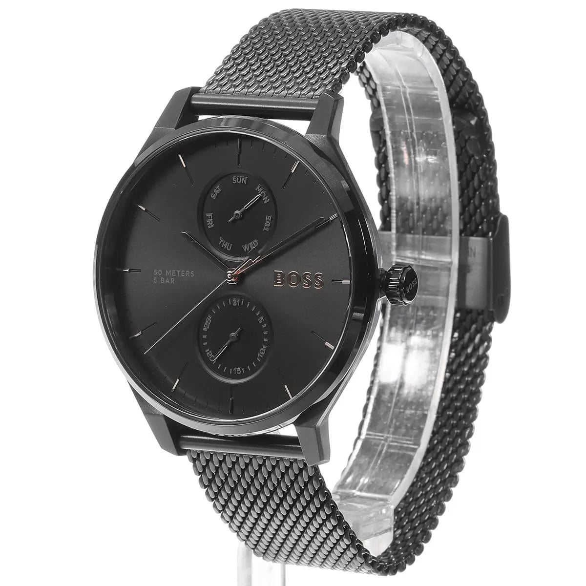 Hugo BOSS chronograph watch worn on wrist showing black dial and mesh strap