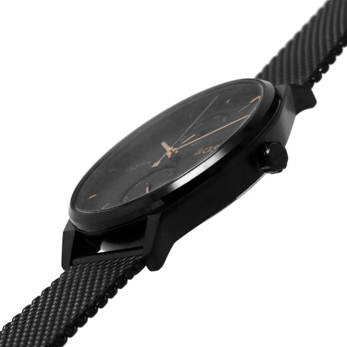 Side profile of Hugo BOSS chronograph watch showing case thickness and mesh strap