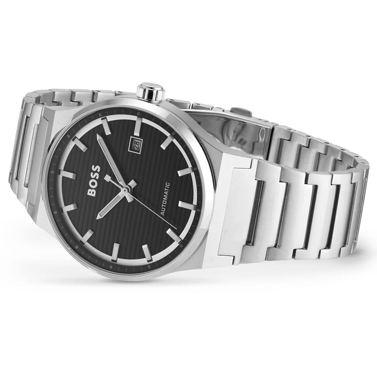 Hugo Boss Candor Auto angled product view with black dial and steel bracelet