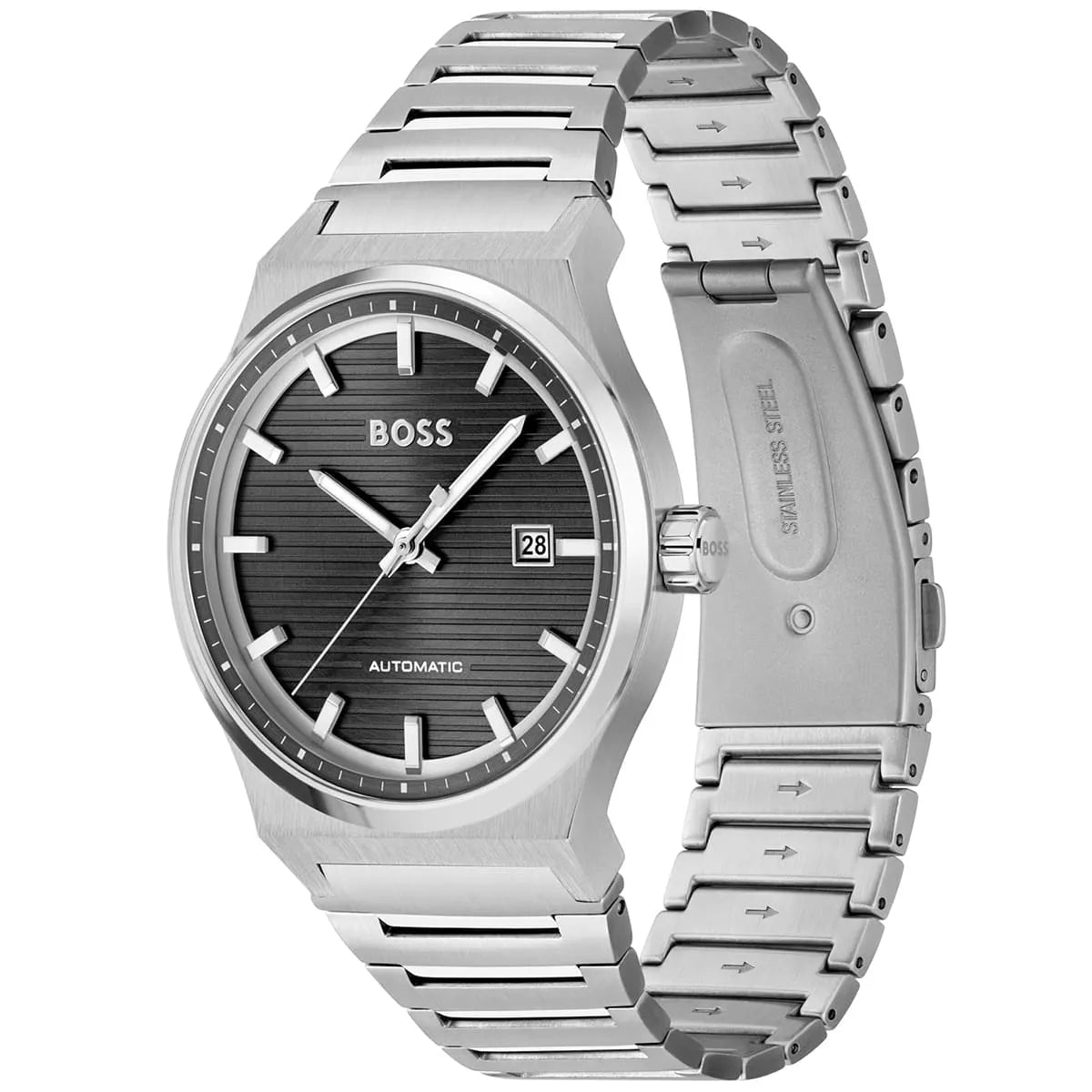 Hugo Boss Candor Auto watch from angled view showing black dial and steel bracelet