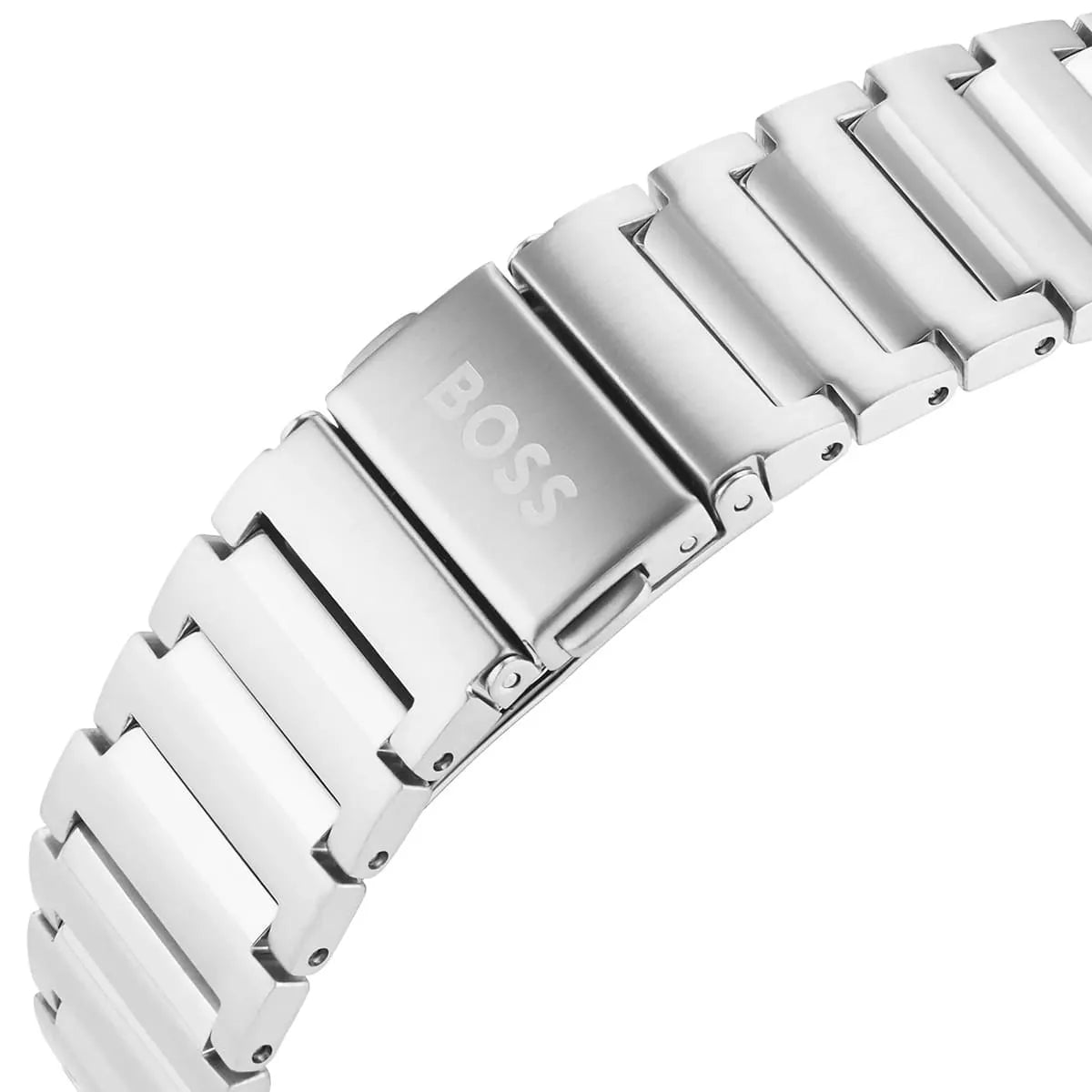 Hugo Boss Candor Auto stainless steel bracelet close-up showing BOSS branding on clasp