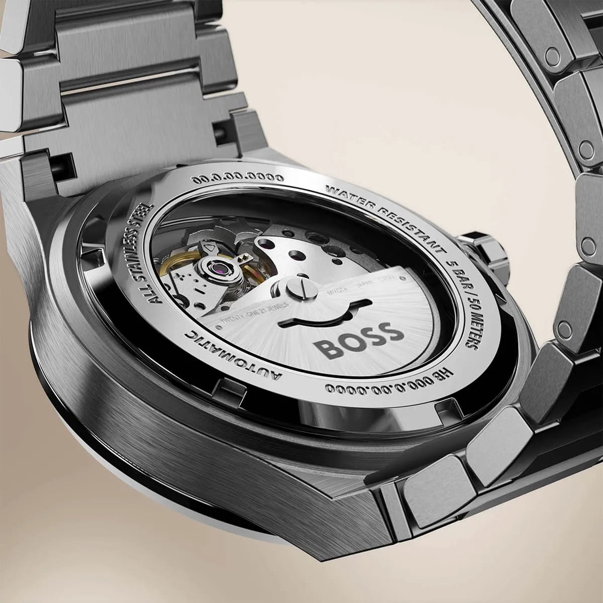 Hugo Boss Candor Auto exhibition caseback detail showing automatic movement