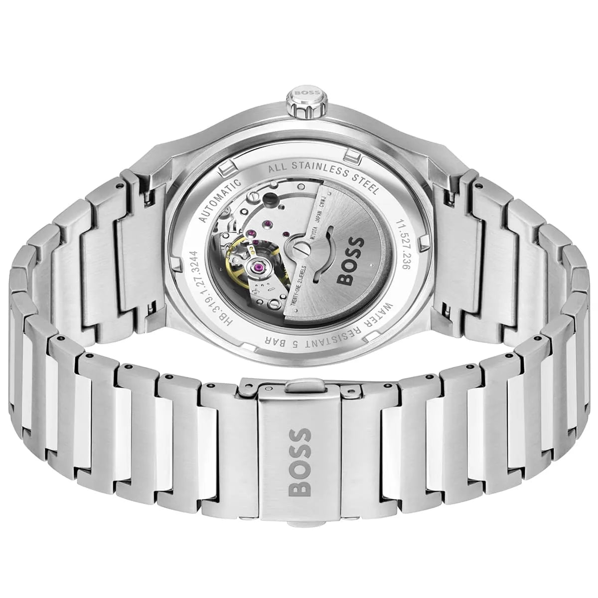 Hugo Boss Candor Auto caseback showing automatic movement and exhibition window