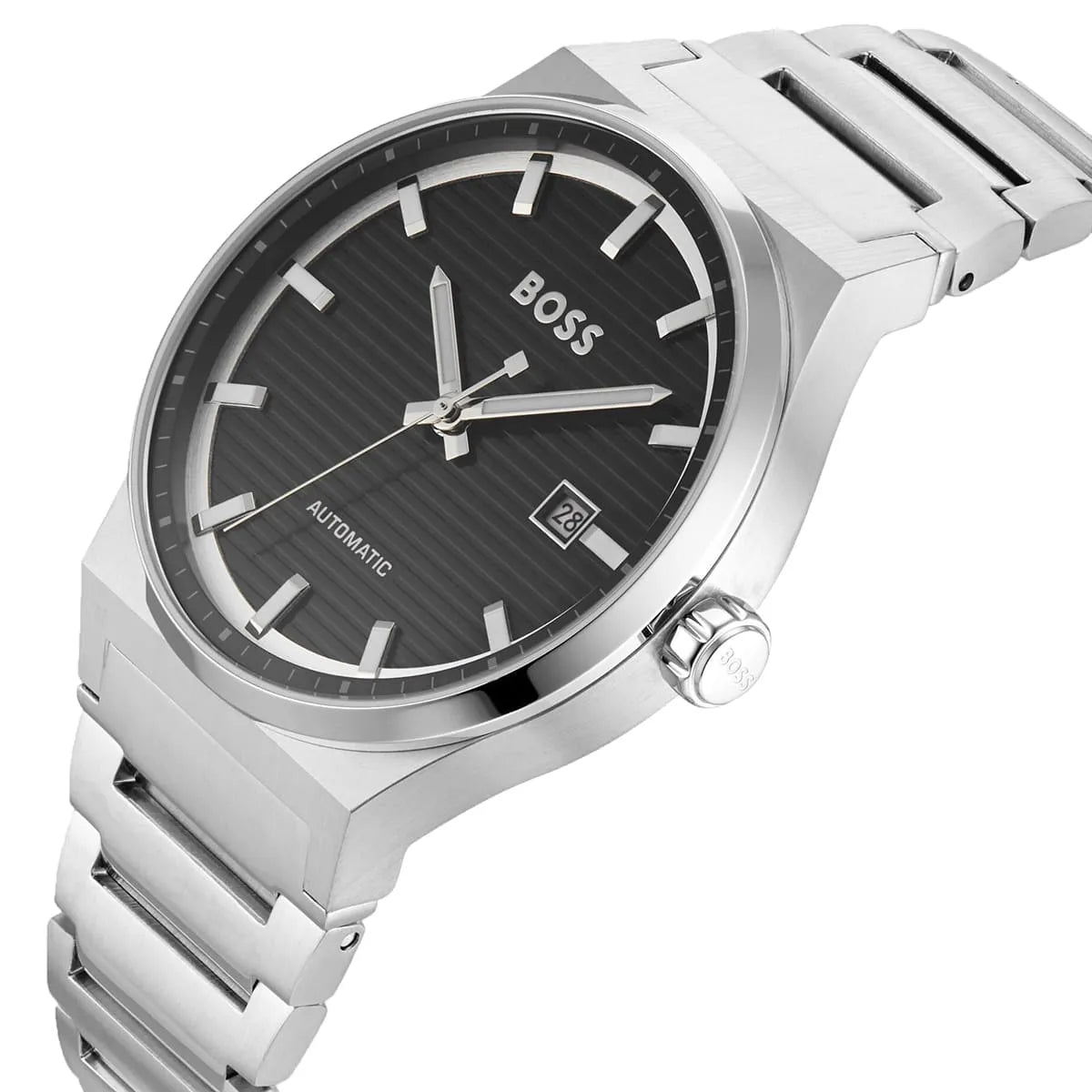 Hugo Boss Candor Auto side view showing case profile and steel bracelet