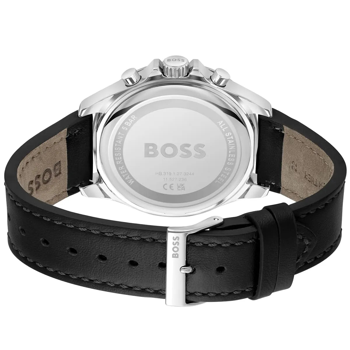 Hugo Boss Troper chronograph men's watch caseback with stainless steel and black leather strap
