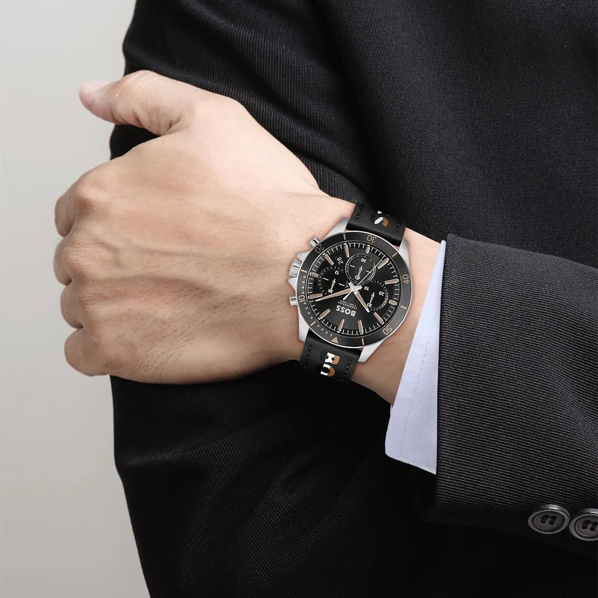 Hugo Boss Troper chronograph men's watch worn on wrist with black leather strap