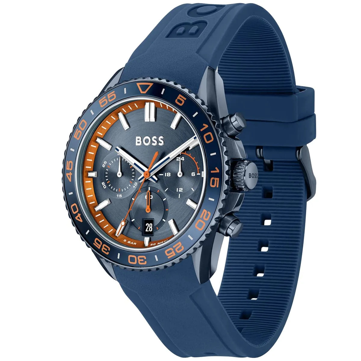 Hugo Boss Runner watch shown from angled side view with blue silicone strap and buckle