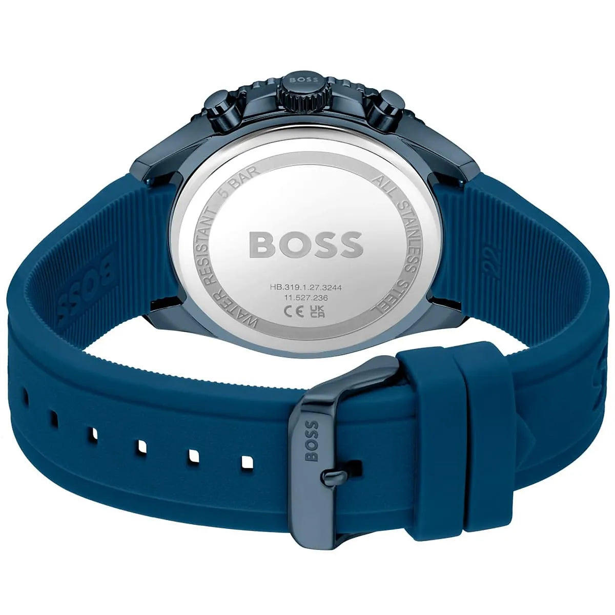 Hugo Boss Runner watch caseback showing BOSS branding and model information on blue strap