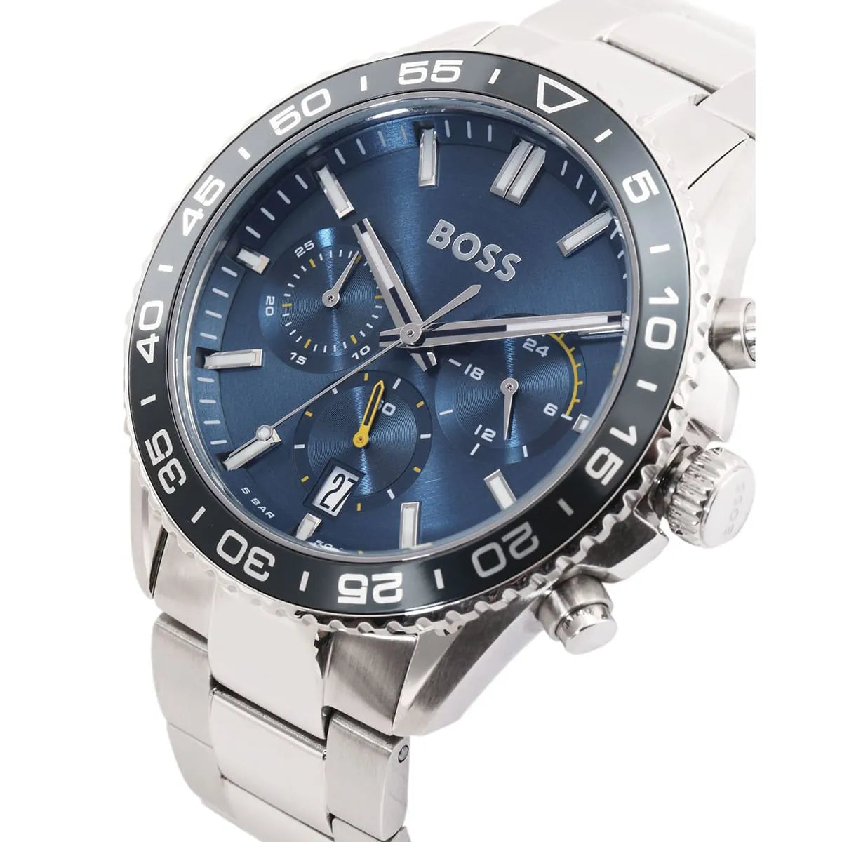 Hugo Boss Runner chronograph with blue dial, numbered bezel, and stainless steel bracelet