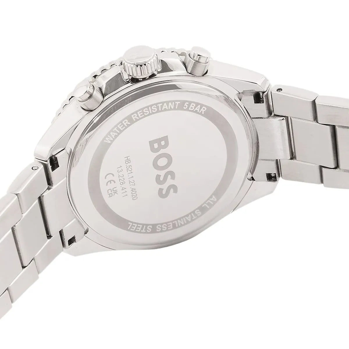 Hugo Boss Runner caseback detail showing water resistant 5 bar specification and BOSS branding