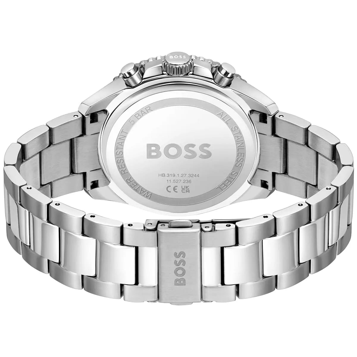 Hugo Boss Runner stainless steel caseback with engraved BOSS logo and specifications