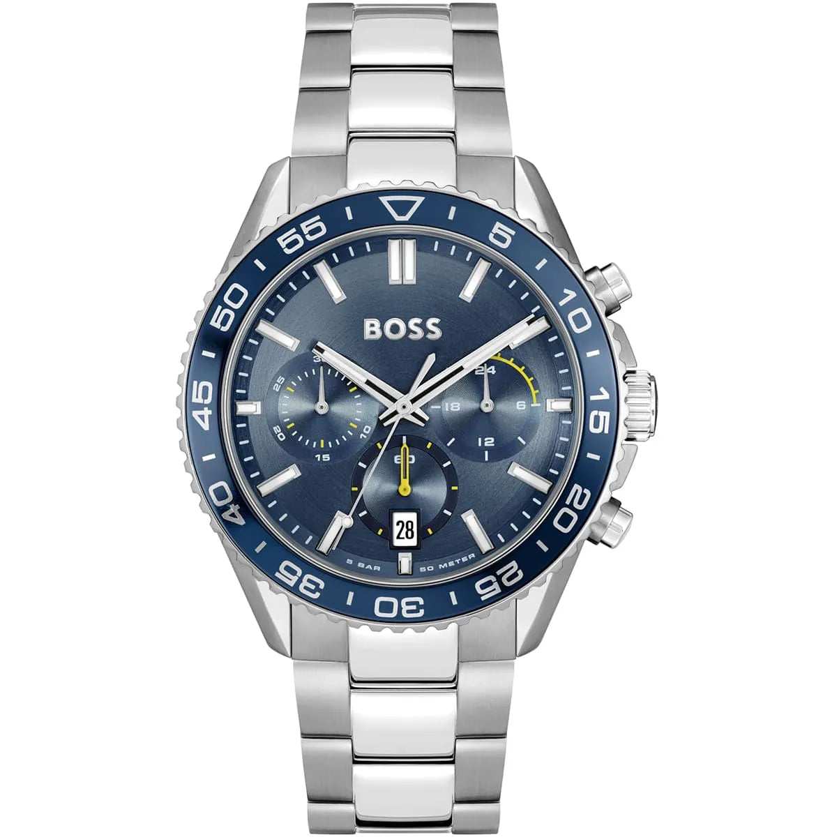 Hugo Boss Runner chronograph watch with blue dial and stainless steel bracelet