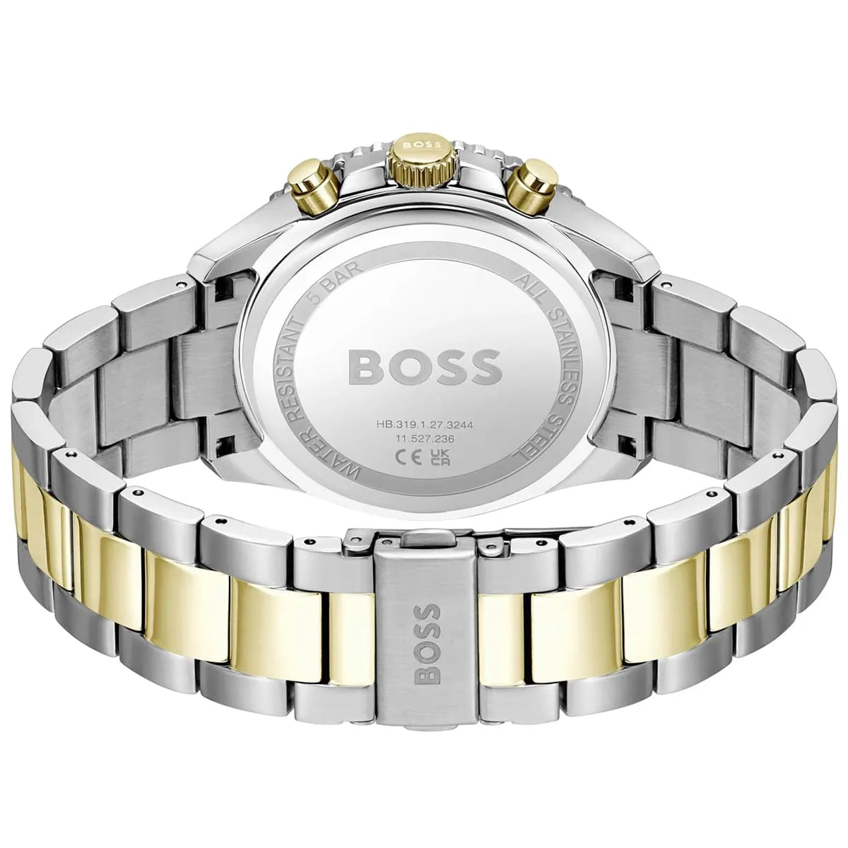 Hugo Boss Runner Chronograph caseback with stainless steel two-tone design