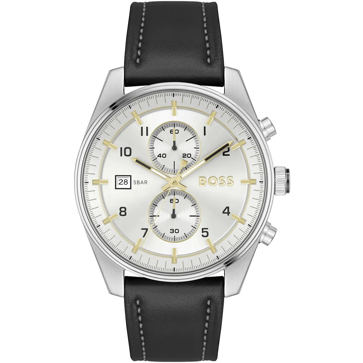Hugo Boss Skymaster chronograph watch with silver dial, gold accents, and black leather strap