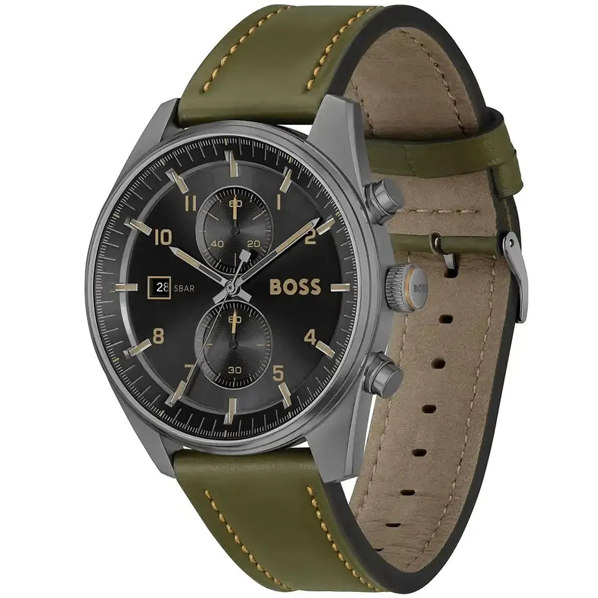 Hugo Boss Skymaster watch at angle showing black dial chronograph subdials and green leather strap