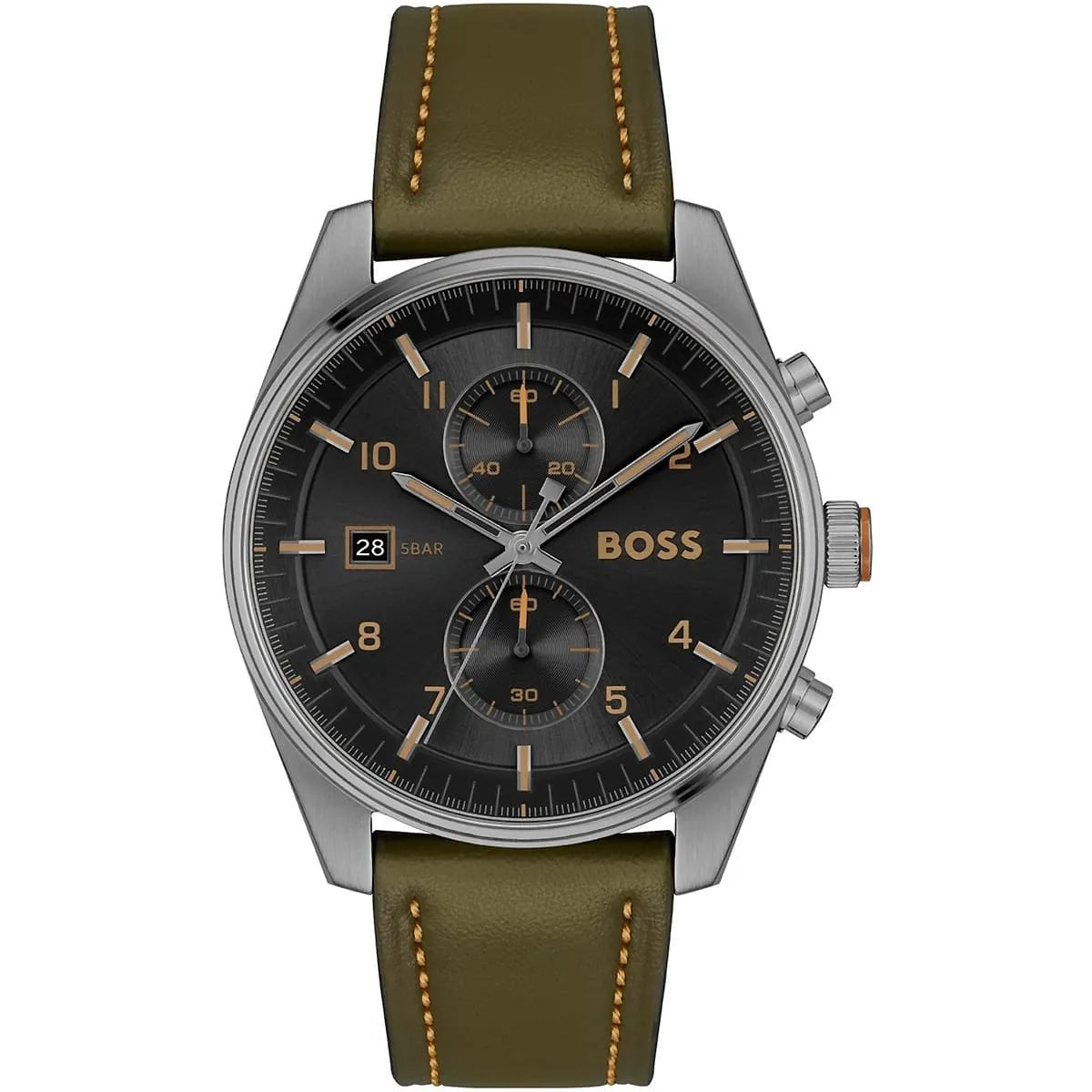 Hugo Boss Skymaster chronograph men's watch with black dial, gold indices, and green leather strap