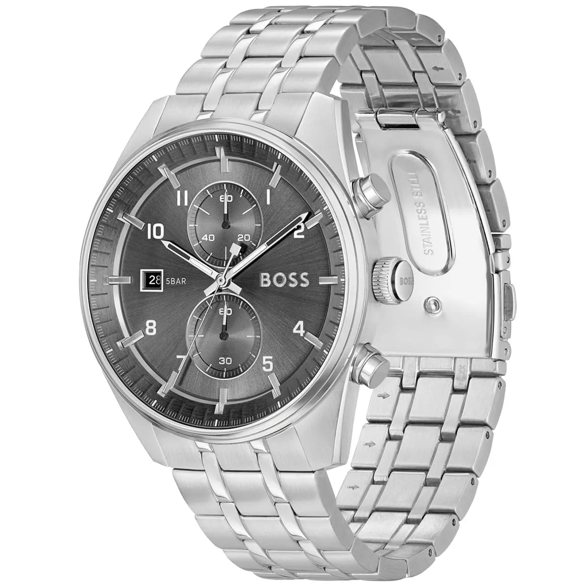 Hugo Boss Skytraveller chronograph watch shown from side angle with stainless steel bracelet and case