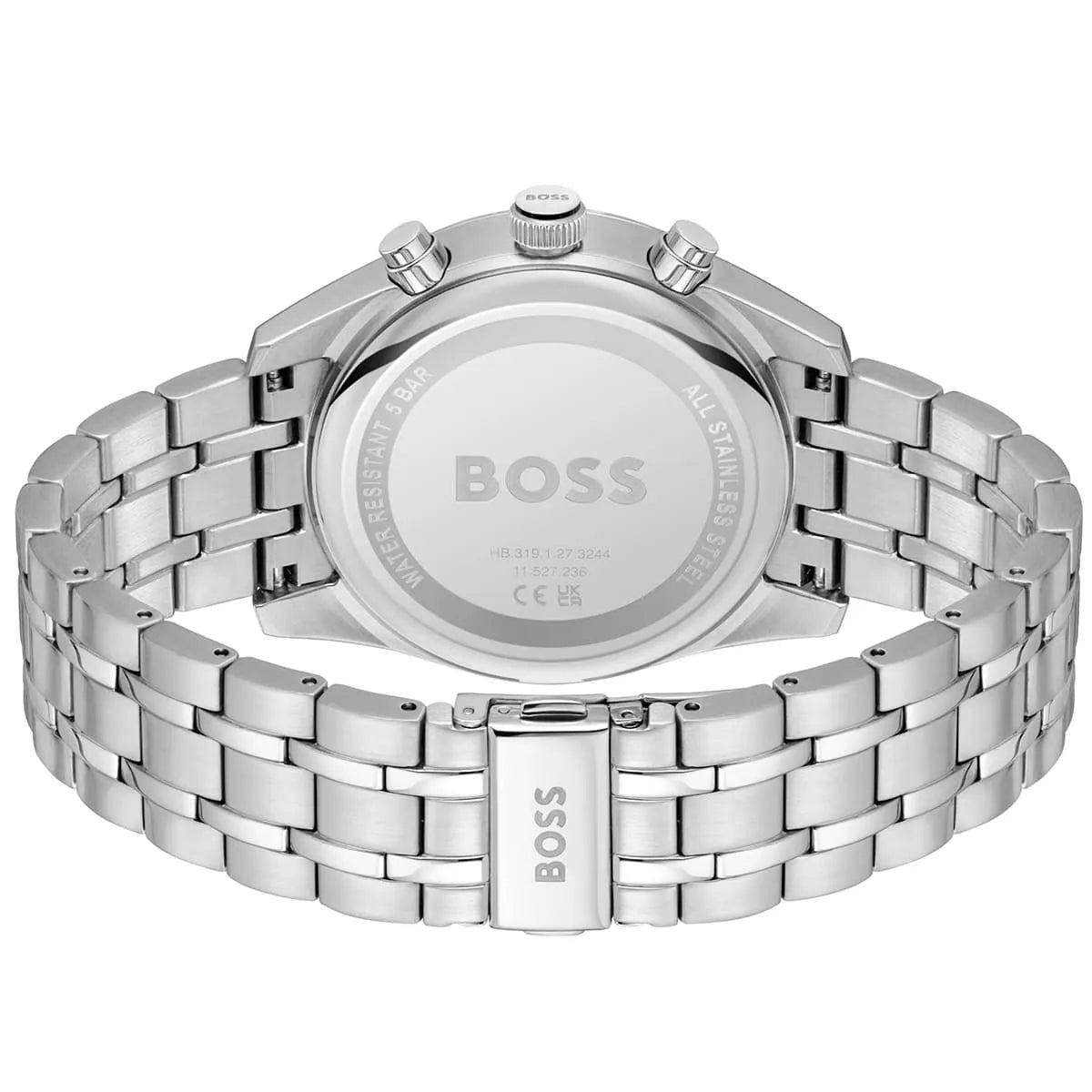Hugo Boss Skytraveller watch caseback showing stainless steel with engraved BOSS branding