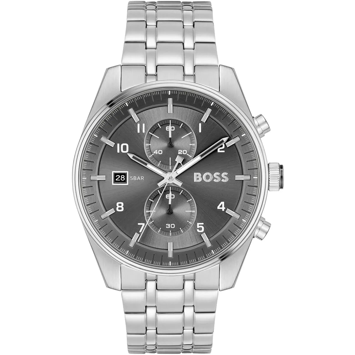 Hugo Boss Skytraveller chronograph men's watch with gray dial and silver stainless steel bracelet