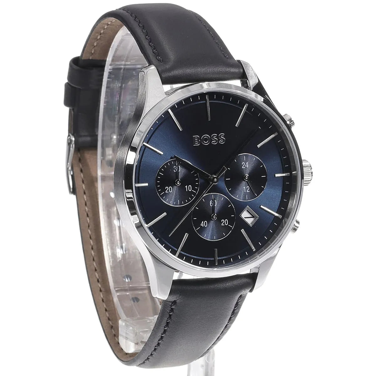 Hugo Boss Avery men's chronograph watch angled view showing blue subdials and leather strap detail