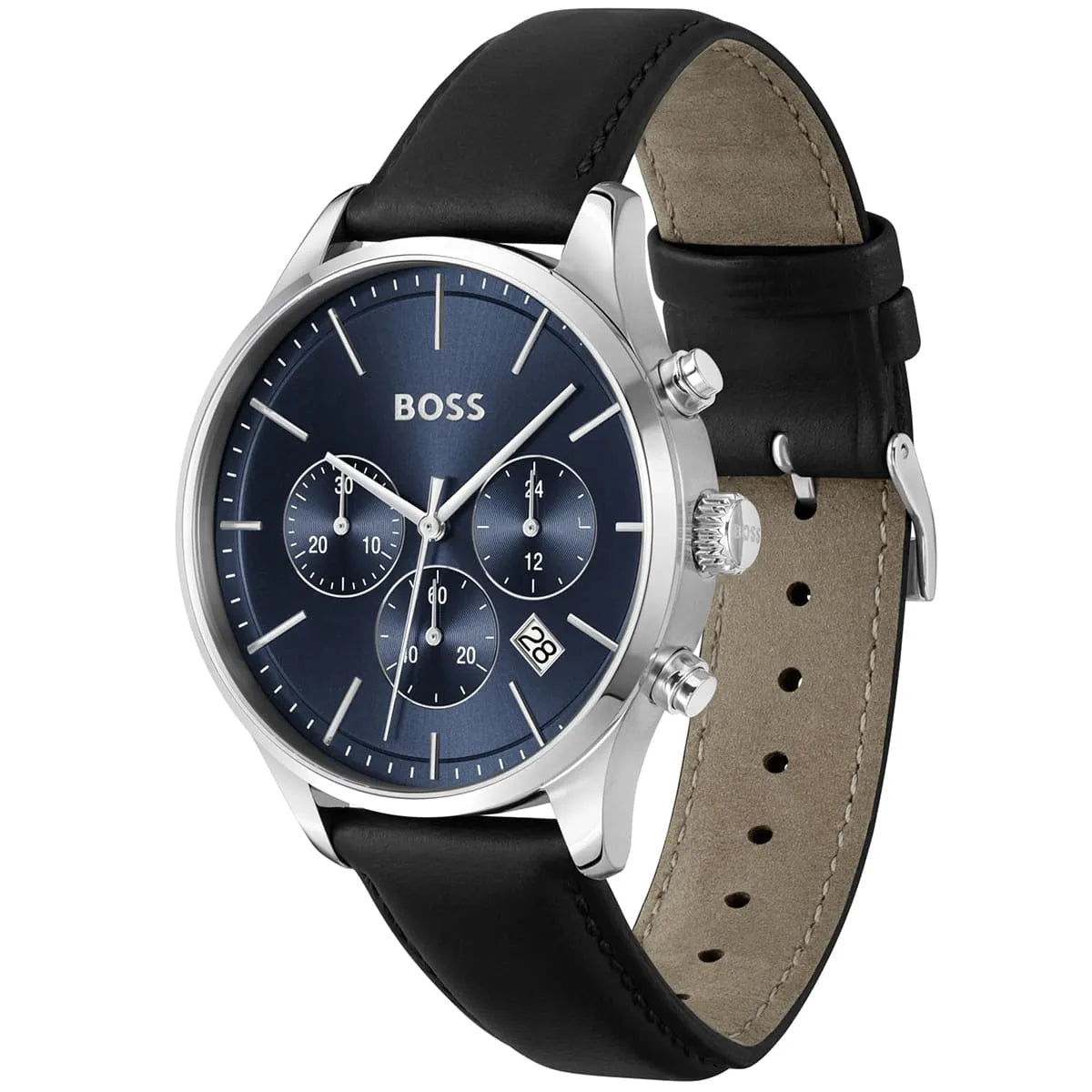 Hugo Boss Avery watch shown from angle view displaying blue chronograph dial and black leather strap