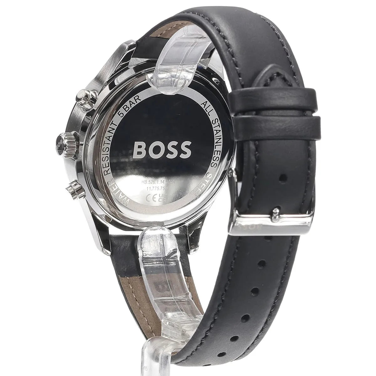 Hugo Boss Avery watch caseback view with protective display showing BOSS branding and black strap