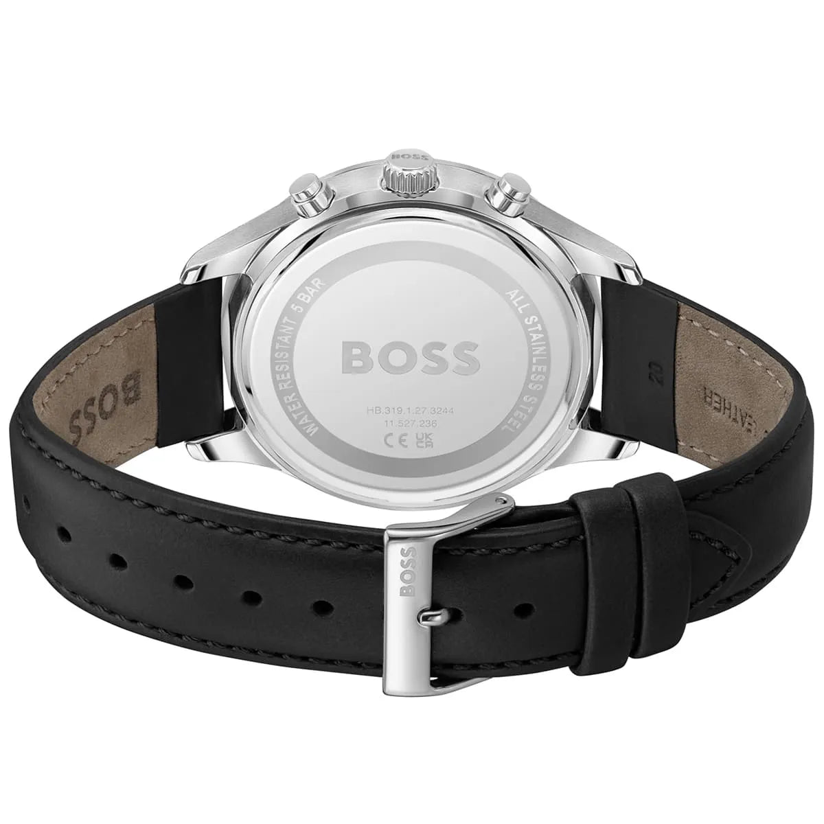 Hugo Boss Avery watch caseback showing silver case and black leather strap with adjustment holes