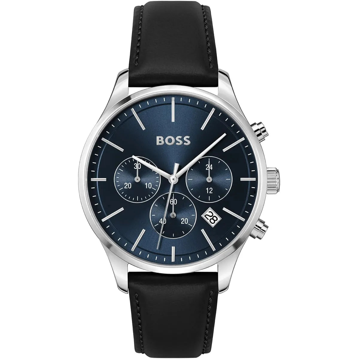 Hugo Boss Avery chronograph men's watch with blue dial, silver case and black leather strap