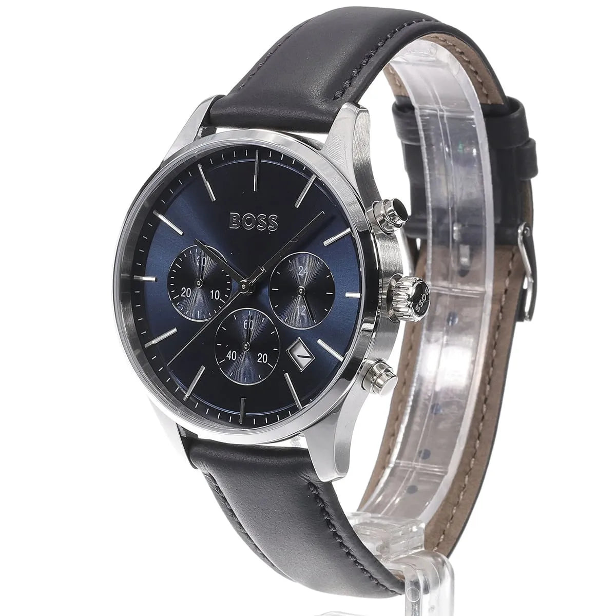 Hugo Boss Avery chronograph watch side profile with blue dial, silver case and black leather strap