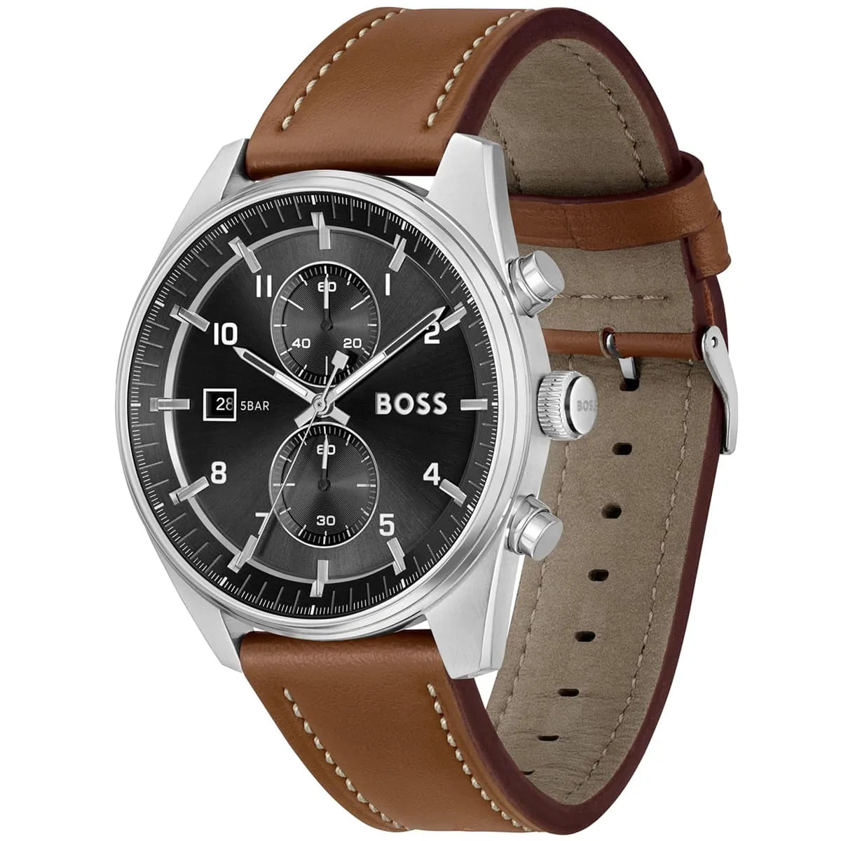 Hugo Boss Skytraveller watch displayed at angle showing black dial and brown leather strap