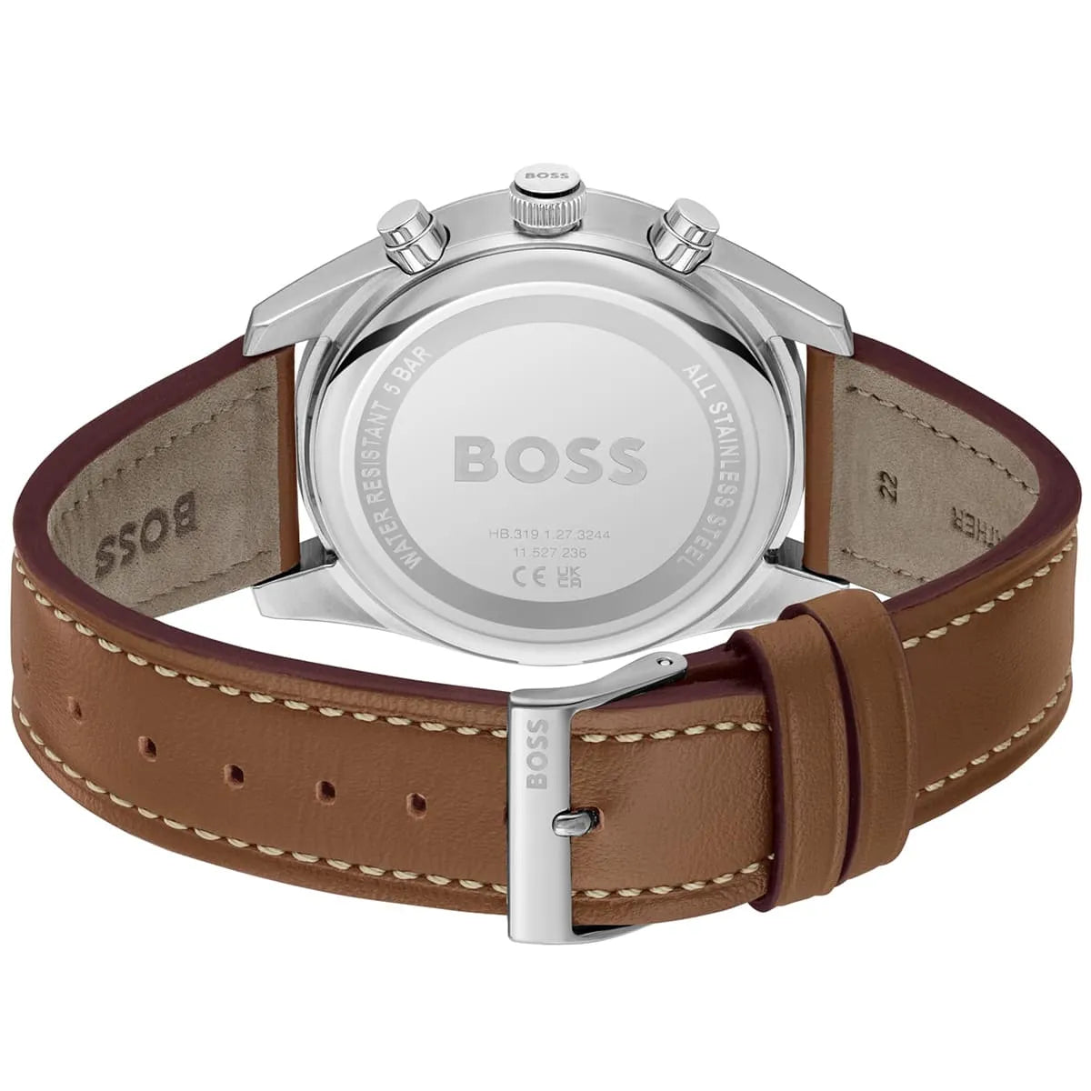 Hugo Boss Skytraveller caseback showing BOSS logo and watch specifications