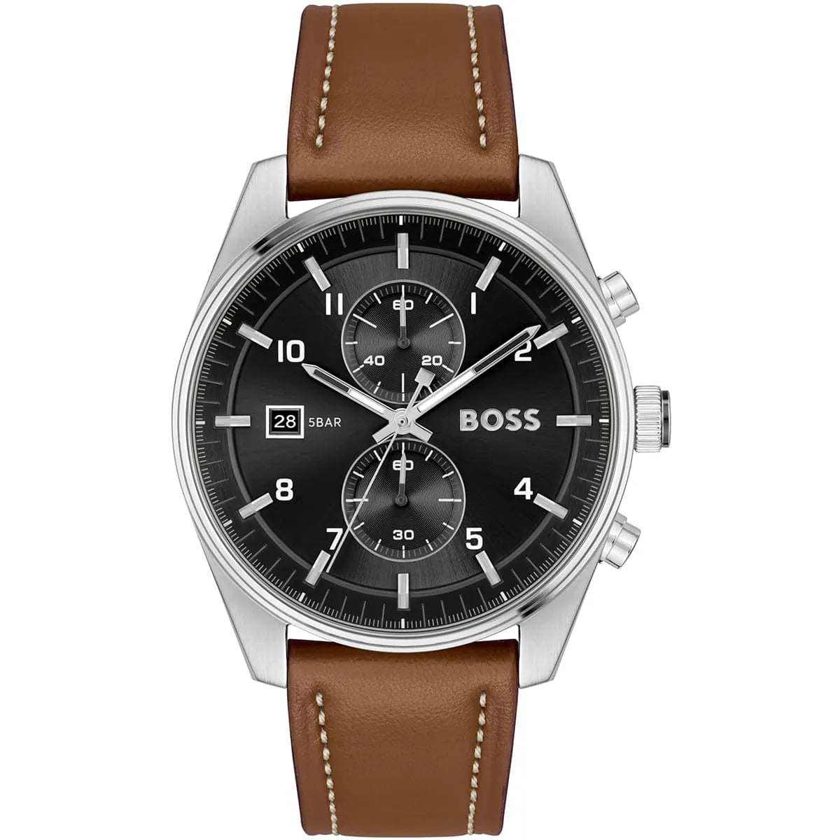 Hugo Boss Skytraveller chronograph watch with black dial and brown leather strap