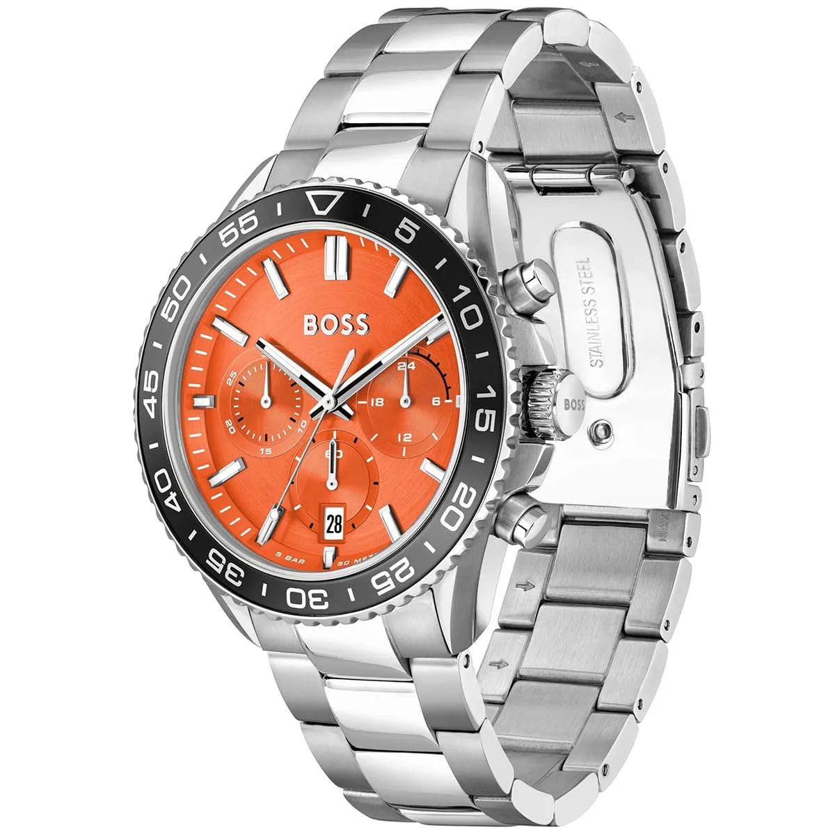 Hugo Boss Runner watch displayed at angle showing orange dial and metal bracelet